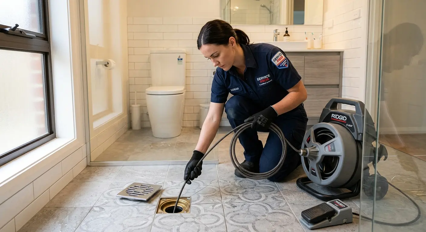 Technician clearing a bathroom floor drain for Drain Cleaning in Groveland